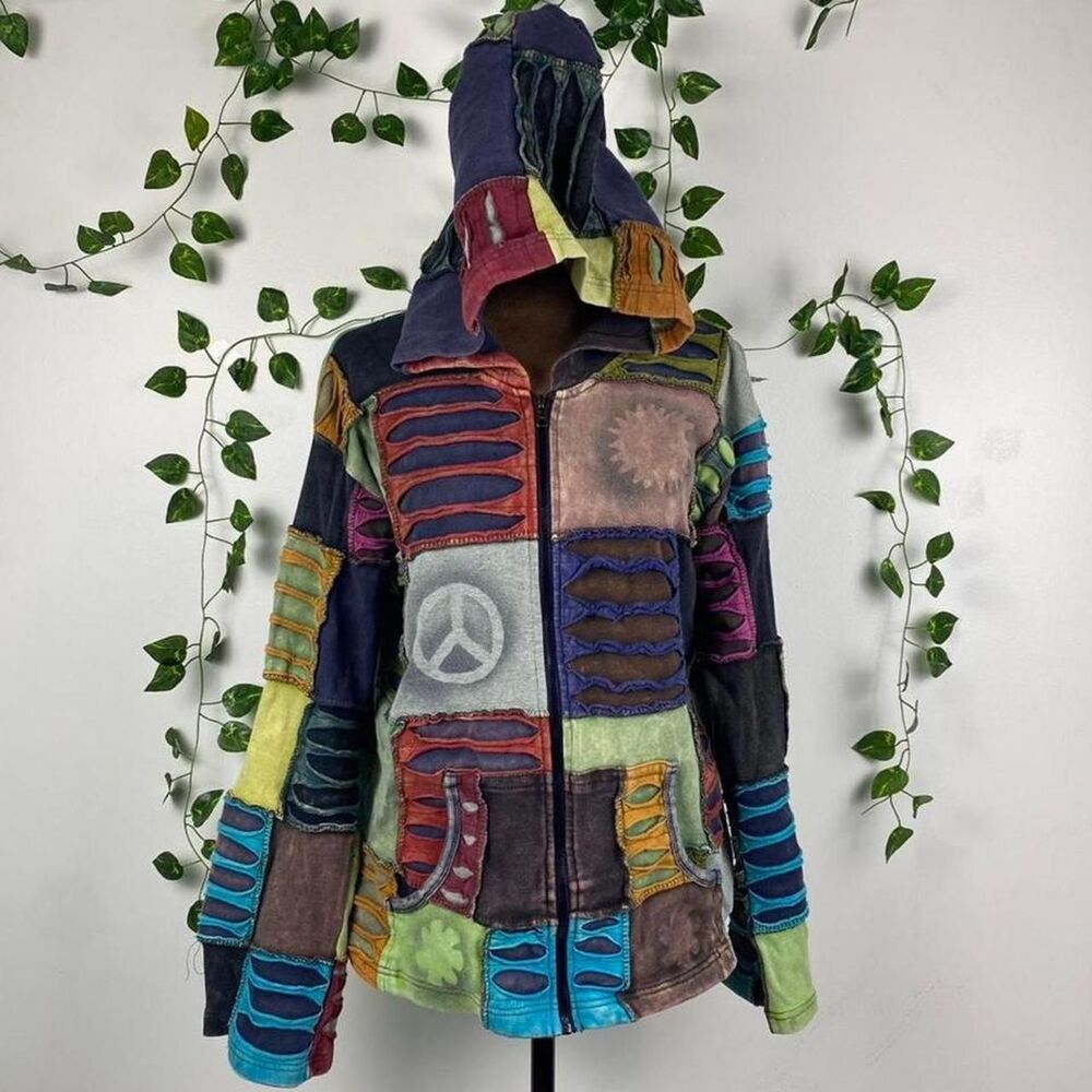 Hippie Patchwork zip up hoodie 100% cotton distressed grunge hobo printed